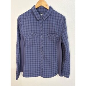 REI Co-op Mens XL Blue Plaid Long Sleeve Snap Hiking Shirt Nylon Spandex Stretch